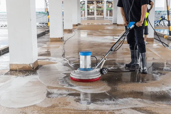 Commercial walkway being scrubbed and pressure cleaned
